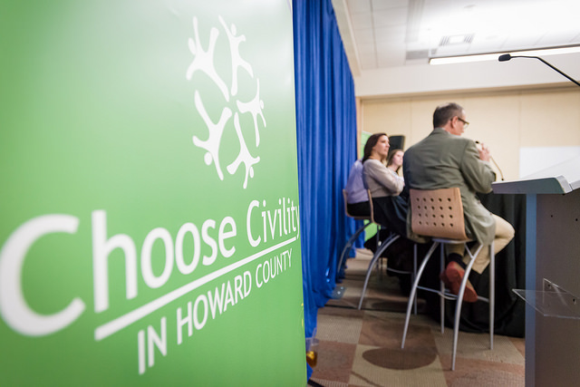 Panelists discuss online civility at a 2015 event. "Choose Civility" is Howard County Library System's official slogan.